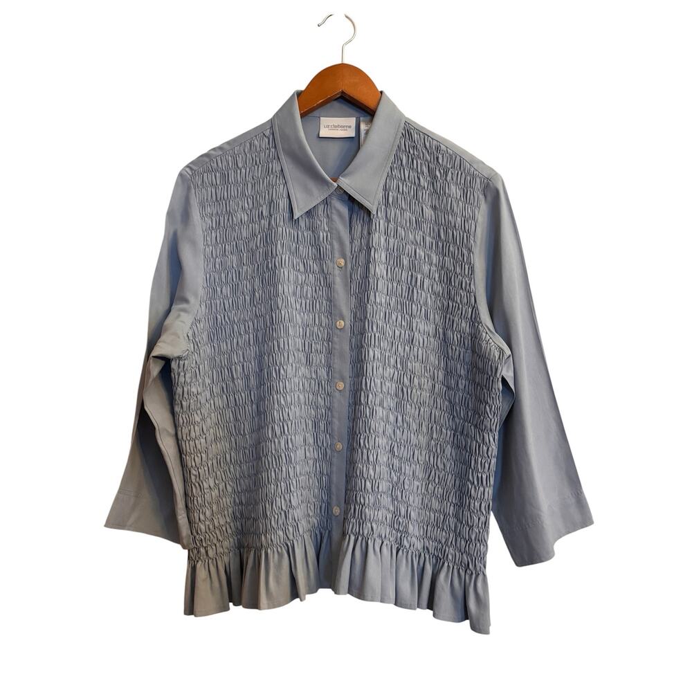 Liz Claiborne Silk Smocked Blouse Blue Button Front Ruffle Hem XL - Picture 2 of 7